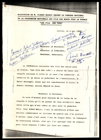 Congrès national de la fédération nationale des "fils de tués", fils des morts pour la France. (Lille)