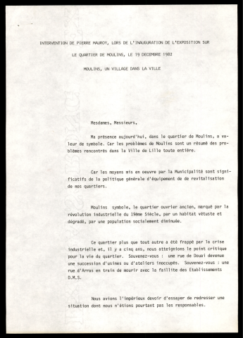 Inauguration de l'exposition Moulins, un village dans la ville.