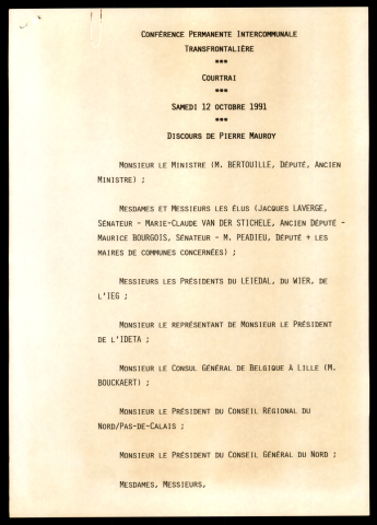 Conférence permanente intercommunale transfrontalière. (Courtrai -Belgique)