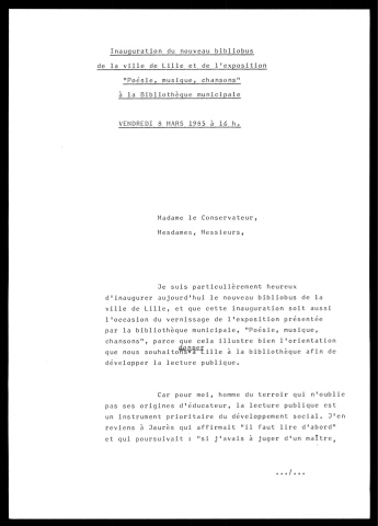 Inauguration du Bibliobus et vernissage de l'exposition à la Bibliothèque municipale. (Lille)