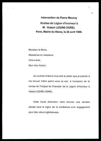 Remise de la Légion d'Honneur à M. Hubert Lesire-Ogrel. (Paris)