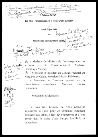 Colloque DATAR Les villes, perspectives pour le réseau urbain européen. (Lille)