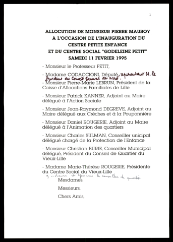 Inauguration du centre de la petite enfance et du centre social "Godeleine Petit". (Lille)