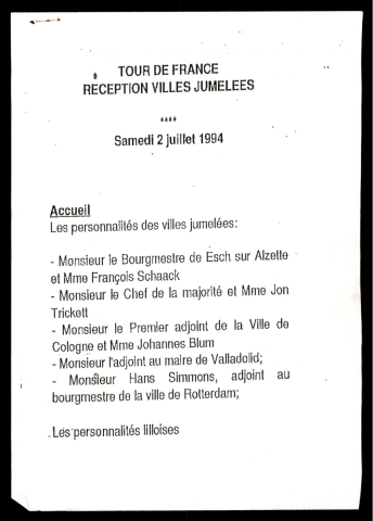 Réception des villes jumelées pour le Tour de France. (Lille)