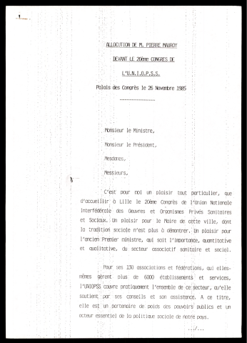 20ème congrès de l'union nationale interfédérale des œuvres et organismes privés sanitaires et sociaux (UNIOPSS). (Lille)