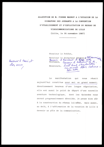 Signature des avenants à la convention d'établissement et d'exploitation du réseau de vidéocommunication de l'agglomération lilloise. (Lille)