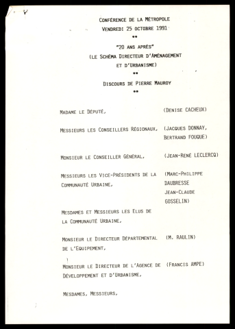 Conférence de la Métropole sur le nouveau schéma d'aménagement et d'urbanisme. (Lille)