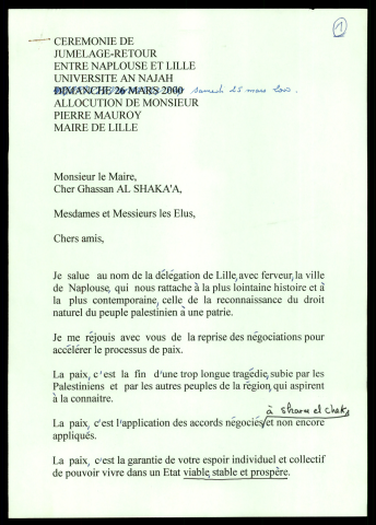 Cérémonie de jumelage retour entre Naplouse et Lille à l'université An Najah. (Naplouse - Cisjordanie)