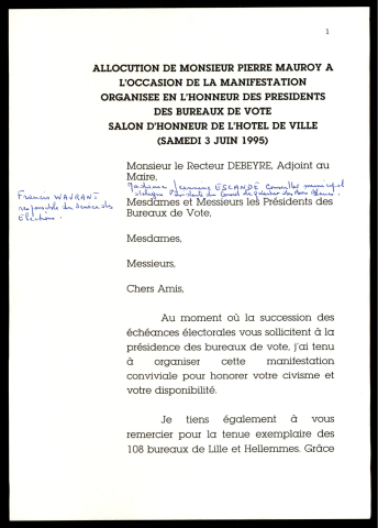 Manifestation organisée en l'honneur des présidents des bureaux de vote. (Lille)