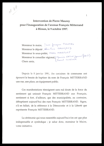 Inauguration de l'avenue François Mitterrand. (Hirson)