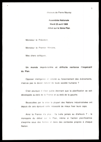 Débat à l'assemblée nationale sur le Xème plan. (Paris)