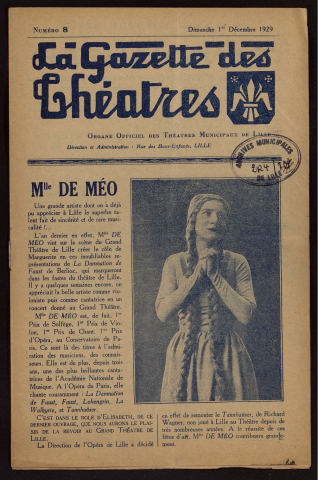La gazette du théâtre, organe officiel des théâtres municipaux de Lille.