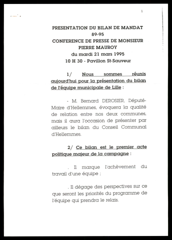 Conférence de presse pour le bilan 1989-1995. (Lille)