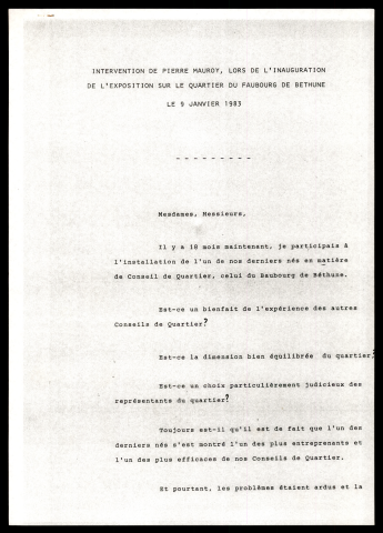 Inauguration de l'exposition sur le quartier Faubourg de Béthune.