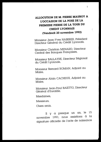 Pose de la première pierre de la tour du Crédit Lyonnais. (Lille)