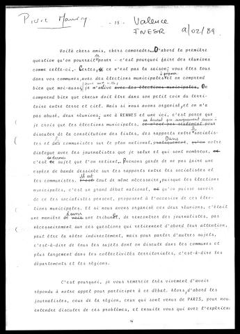 Rencontre de la Fédération nationale des élus socialistes et républicains (FNSER). (Valence)