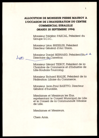 Inauguration du centre commercial Euralille. (Lille)