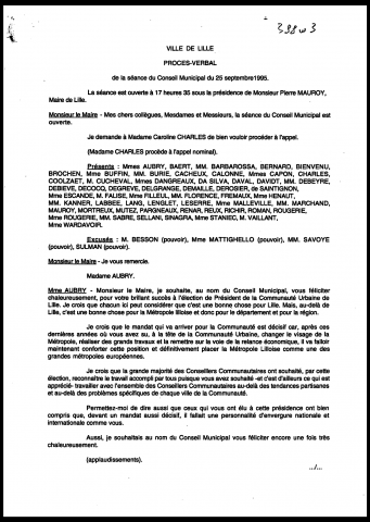 Conseil municipal du 25 septembre 1995.