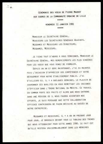 Vœux aux personnel de la Communauté urbaine de Lille. (Lille)