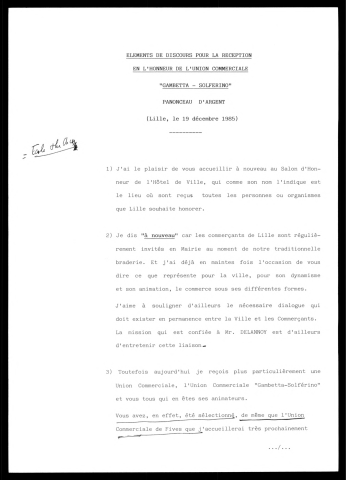 Réception en l'honneur de l'union commerciale Gambetta Solferino, remise du panonceau d'argent. (Lille)