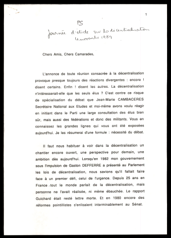 Journée d'étude au parti socialiste : la décentralisation, un deuxième souffle. (Lille)