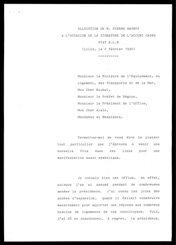 Signature de l'Accord Cadre état HLM. (Lille)