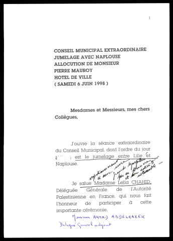 Conseil municipal extraordinaire pour le jumelage avec Naplouse. (Lille)