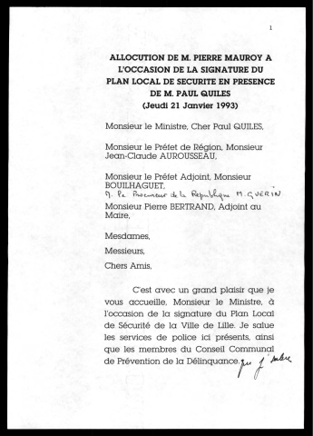 Signature du plan local de sécurité. (Lille)