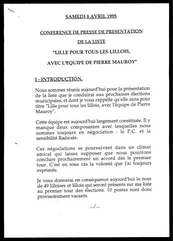 Conférence de presse pour la présentation de la liste Lille pour tous les lillois. (Lille)
