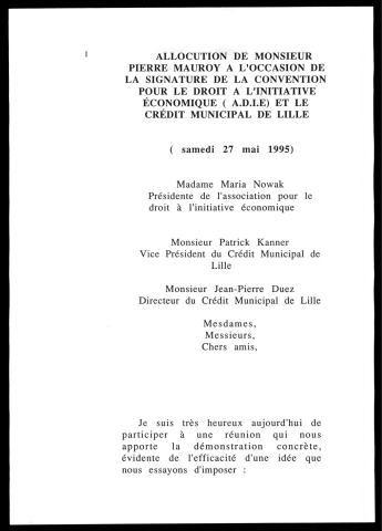 Signature de la convention entre le Crédit Municipal et l'ADIE. (Lille)