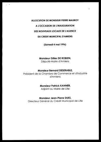 Inauguration des nouveaux locaux de l'agence du crédit municipal. (Amiens)