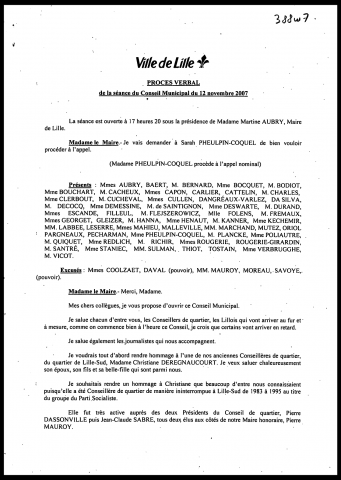 Conseil municipal du 12 novembre 2007.