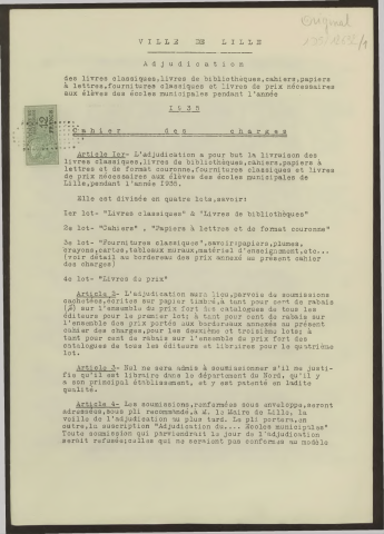 Délibération n°3701 - Écoles municipales. Année 1935. Adjudication des fournitures, livres classiques, cahiers et livres de prix. Cahier des charges.