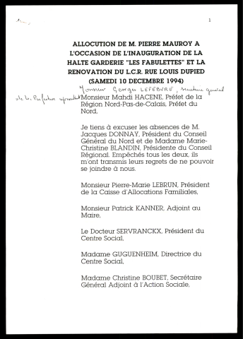 Inauguration de la halte-garderie Les fabulettes et rénovation du LCR rue Louis Dupied. (Lille)