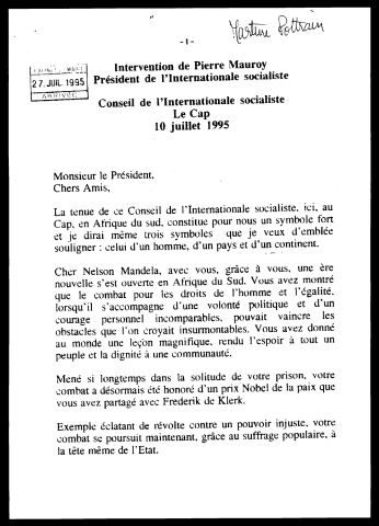 Conseil de l'internationale socialiste. (Le Cap - Afrique du Sud)