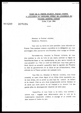 Visite officielle à Lille de Son Excellence Monsieur Zhao Ziyang, Premier ministre du conseil des affaires d'Etat de la République populaire de Chine.