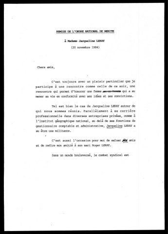 Remise de l'ordre national du mérite à Jacqueline Leray. (Lille)