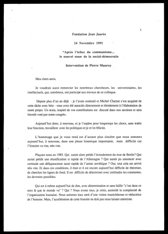 Discours devant la Fondation Jean Jaurès sur l'essor de la social-démocratie. (Lille)