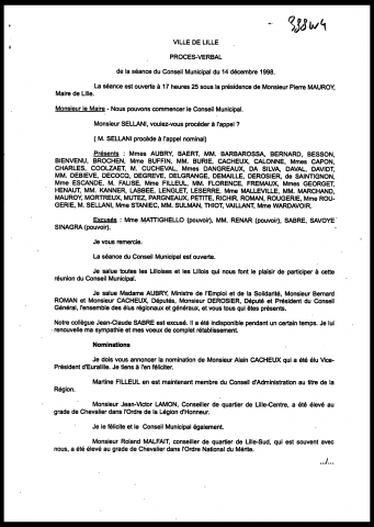 Conseil municipal du 14 décembre 1998.