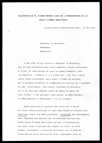 Inauguration de la salle d'armes municipale de la crypte Saint Pierre Saint Paul. (Lille)