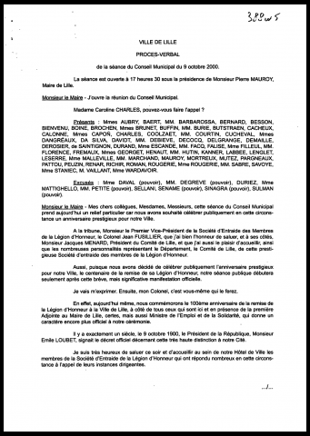 Conseil municipal du 9 octobre 2000.