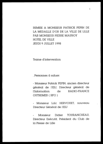 Remise de la médaille d'or de la ville de Lille à Patrick Pépin. (Lille)