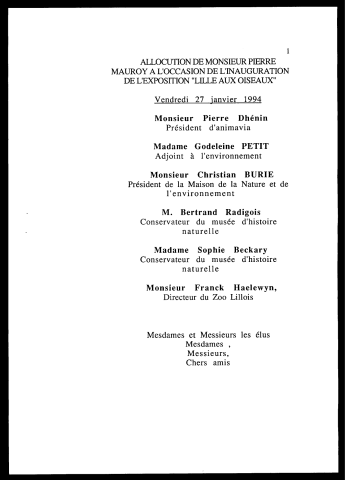 Inauguration de l'exposition Lille aux oiseaux. (Lille)
