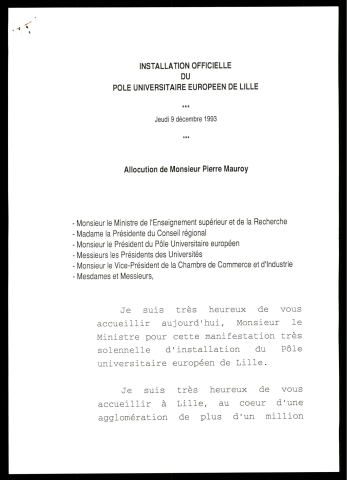 Lancement officiel du pôle universitaire européen lillois (PUEL). (Lille)