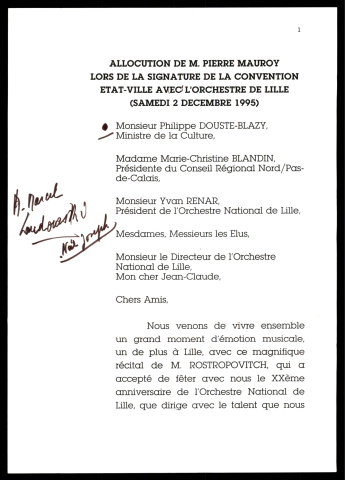 Signature de la convention Etat-Ville avec l'orchestre de Lille. (Lille)