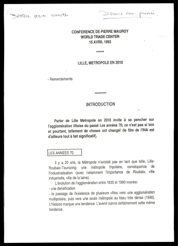 Conférence de Pierre Mauroy au World Trade center Lille sur Lille métropole en 2010. (Lille)