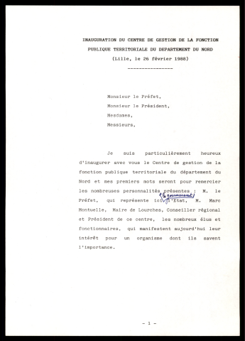 Inauguration du centre de gestion de la Fonction Publique Territoriale du département du Nord. (Lille)