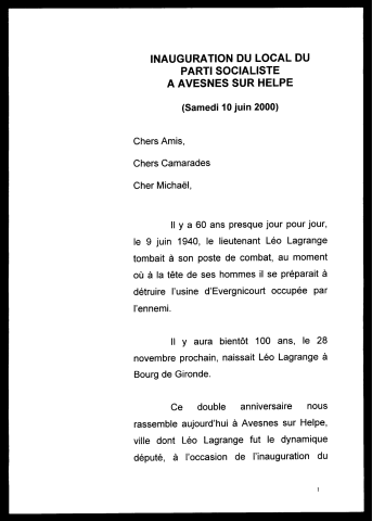 Inauguration du local du parti socialiste lors du centenaire de la naissance et sixième anniversaire de la mort de Leo Lagrange. (Avesnes-sur-Helpe)