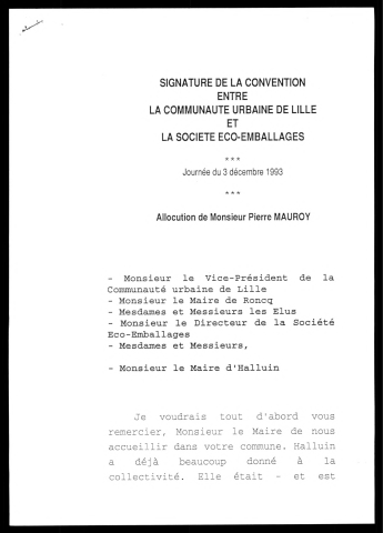 Signature de la convention Communauté Urbaine de Lille/Eco Emballages. (Lille)