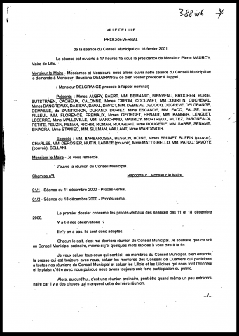 Conseil municipal du 16 février 2001.